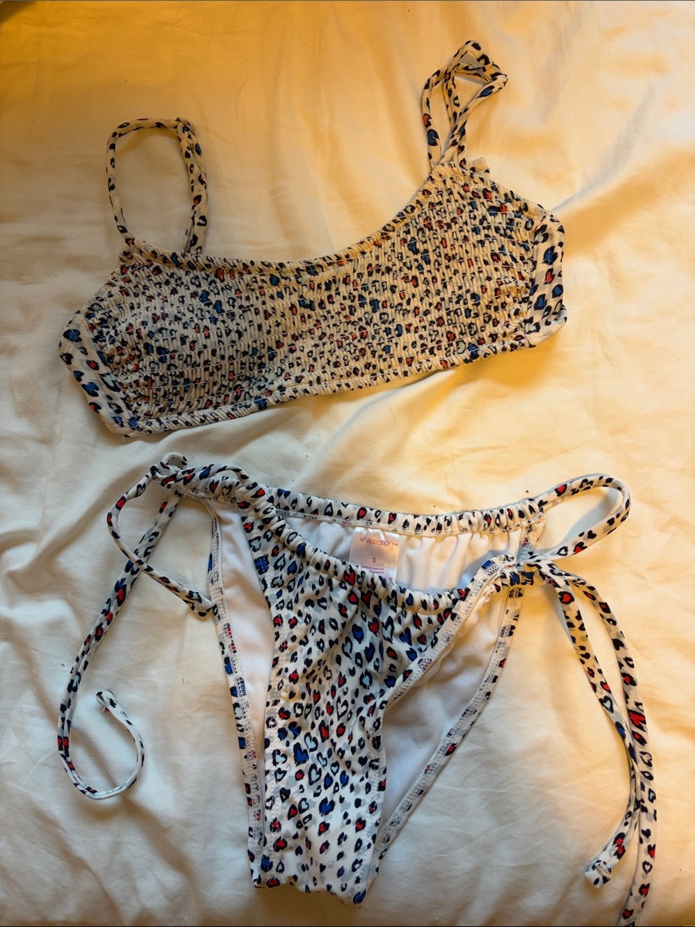 Xhilaration White Bandeau Bikini Set with Red & Blue Leopard Spots